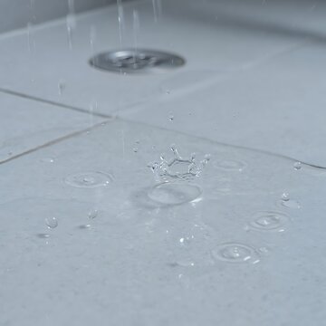 Water droplets falling on a clean gray bathroom floor tile surface.