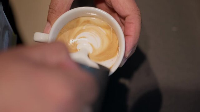 Closeup, Morning Caffeine, Warm Creamy Comfort Drink, Handcrafted Barista, Milky Beverage, Creative Art