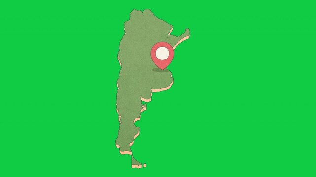 Animated Argentina Map with Bouncing Location Marker on Buenos Aires City, Transparent Background, Alpha Channel, 4K resolution