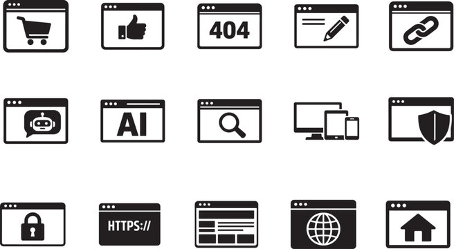 Website solid vector icon set with computer, internet and cyberspace symbols. Editable EPS collection.