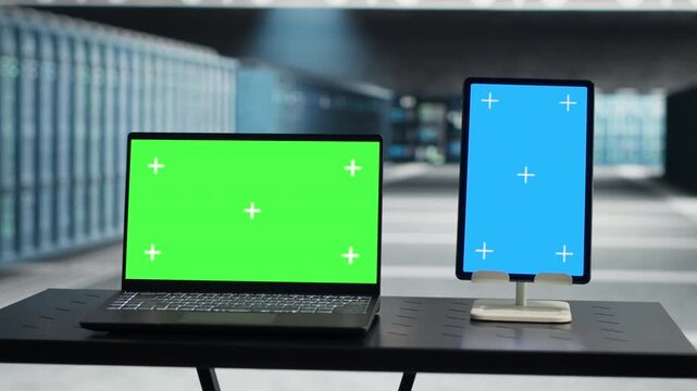 Software developer runs equipment checkups in a data center, supporting equipment checkups, software updates, network monitoring and reliable server infrastructure management.