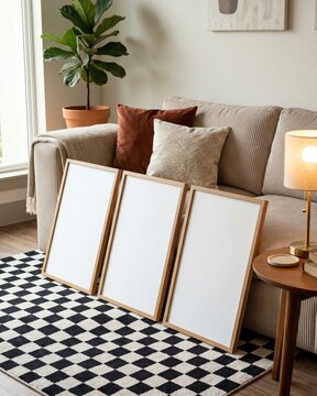 Triple blank wood frame mockups leaning on checkered rug with beige sofa