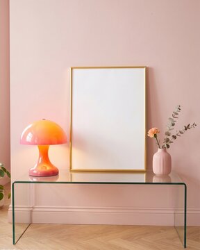 Blank gold frame mockup on glass console with glowing orange mushroom lamp and pink wall