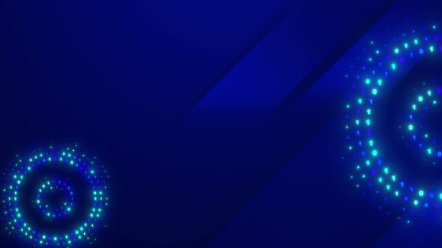 Dark Blue Abstract Tech Background with Floating Binary Code Circular Waves and Diagonal Geometric Overlay Lines 4k video