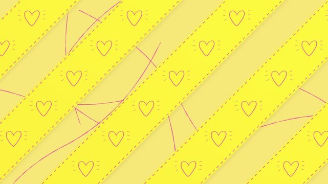 手書きのハートが光るステッチの入ったテープが、ストライプ状に動く黄色のかわいいループ背景