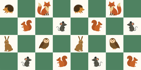 Fototapeta premium Autumn Woodland Animal Checkerboard Seamless Pattern with Fox, Hedgehog, Owl, Rabbit, Mouse and Squirrel