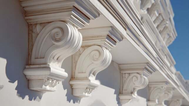 Ornate white architectural corbels decorate the facade of a classical building under a clear blue sky. The stone carvings feature scroll work.
