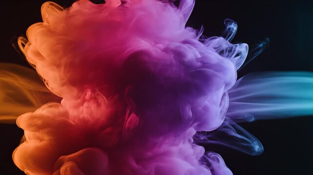 Slow motion collision of colorful orange and blue smoke on black background