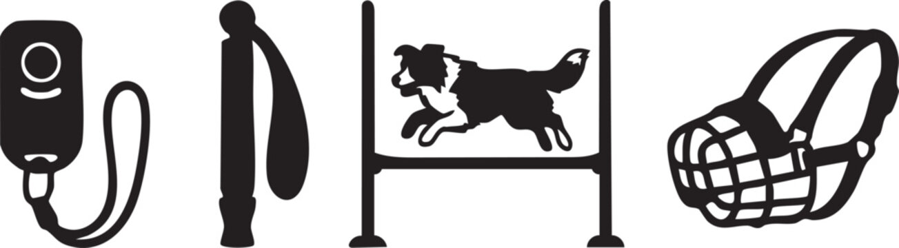 Set of black dog training icons including clicker leash jump agility and muzzle for pets