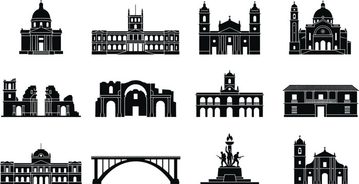 Paraguay travel tourism landmarks collection South American culture historic architecture monument city elements icons set vector