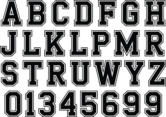 Varsity font alphabet, bold collegiate sports lettering for team logos, athletic apparel, school emblems, championship branding, retro typography and jersey designs. © Nur