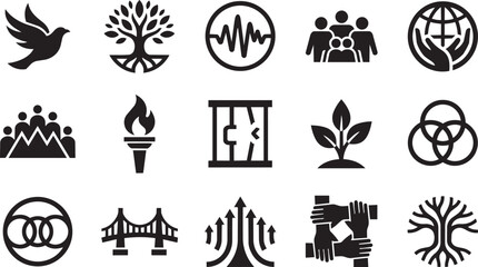 Fototapeta premium Black Glyph Peace, Nature and Global Unity Icon Set — Bird, Tree of Life, Heartbeat, Bridge, Growth, Diversity, Infinity and Worldwide Connection Silhouette Symbol Pack on White Background