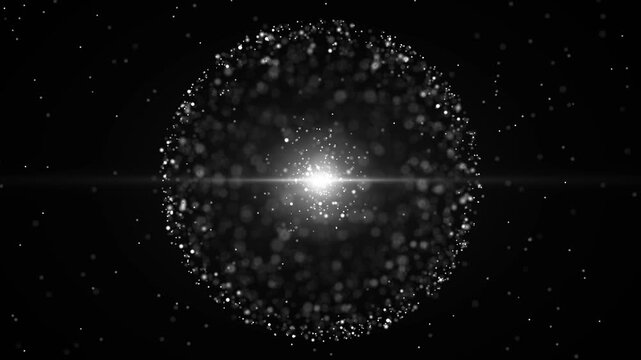 Abstract luminous particle sphere rotates in seamless loop around bright glowing core. Particle sphere forms dynamic scientific visualization with floating light points against black background.