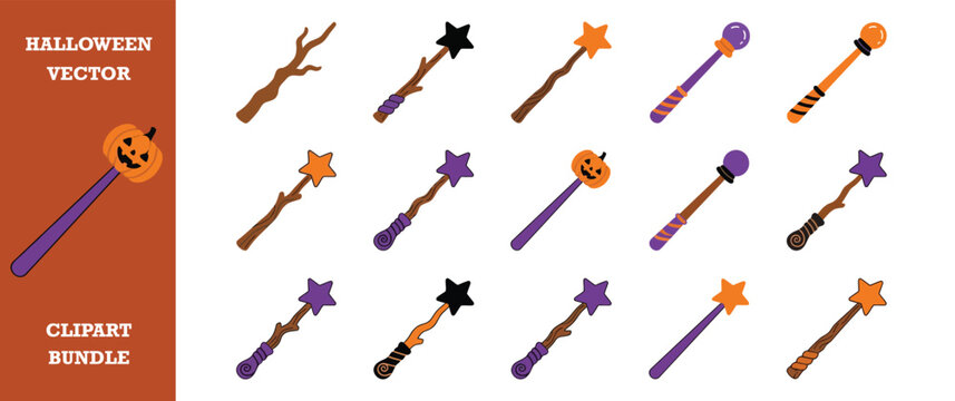 Halloween wizard wands vector clipart bundle. spooky magic staff and stick collection set.