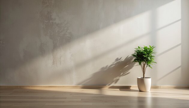 Minimalist empty room interior with a potted green plant on wooden floor and sunlight shadow on textured wall