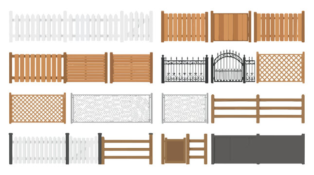 Wooden and metal fence collection, 16 vector garden gate and boundary wall elements, white picket and brown timber fencing set for property landscaping