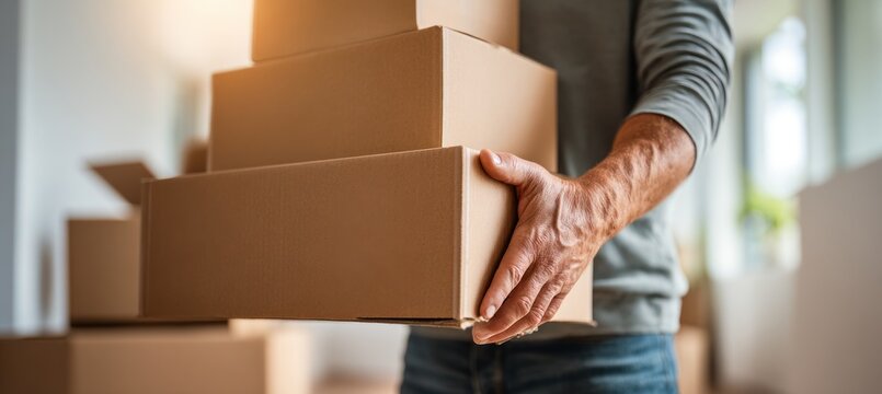 Holding a stack of cardboard boxes, a middle-aged man with fair skin relocates his home. He wears a grey shirt and denim jeans.