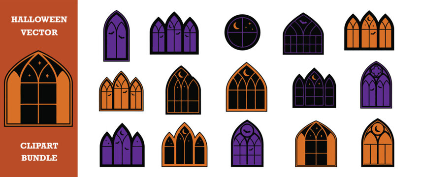 Halloween spooky night castle windows vector clipart bundle. gothic church frame set.