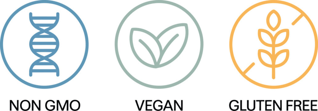 Gluten Free, Vegan and Non GMO icons for healthy food packaging, organic nutrition labels, natural product branding, clean eating and sustainable marketing.
