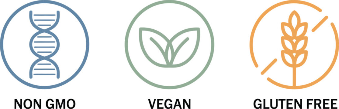 Organic food labels, Vegan, Non GMO and Gluten Free nutrition icons for healthy products, natural ingredients, eco packaging, grocery brands and wellness promotions.