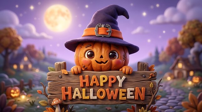 Happy halloween pumpkin in witch hat with wooden sign