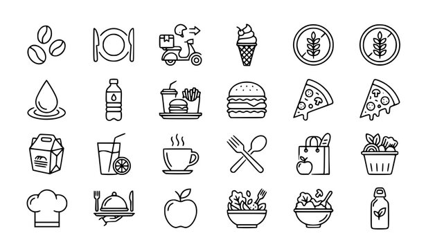 Hand Drawn Food and Beverage Line Icons Collection with Coffee Pizza Burger Dessert and Kitchen Elements