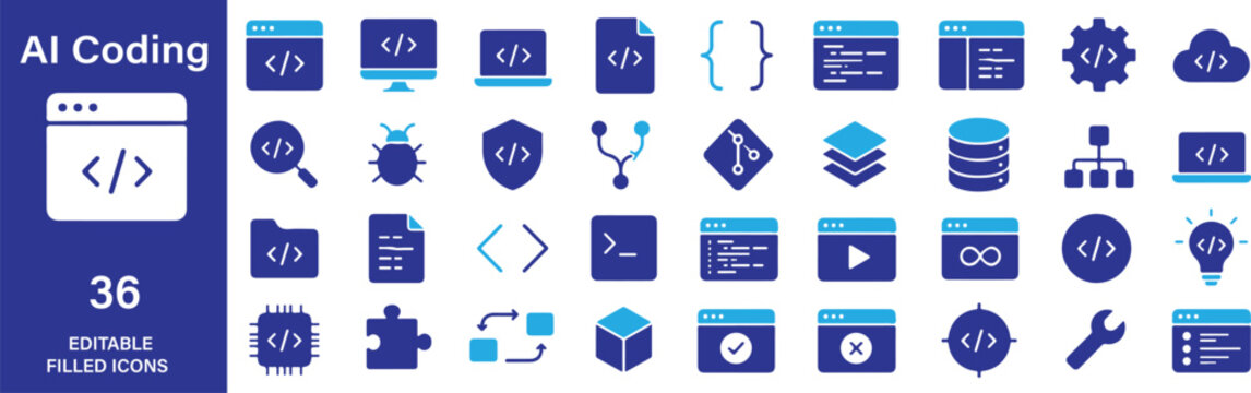 Coding Vector Filled Icon Set &ndash; 36 Modern Minimalist UI UX Programming Development Black Glyph Symbols for Web Apps Interface