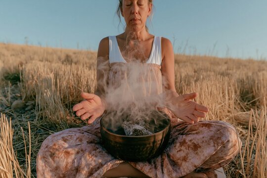 Dried straw field surrounding a woman meditating with a singing bowl and smudging bundle for spiritual wellness, outdoor holistic therapy and mindfulness advertising
