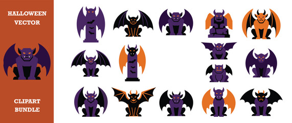 Fototapeta premium Gargoyle creature icons set for holiday decoration with spooky wings in vector flat style.
