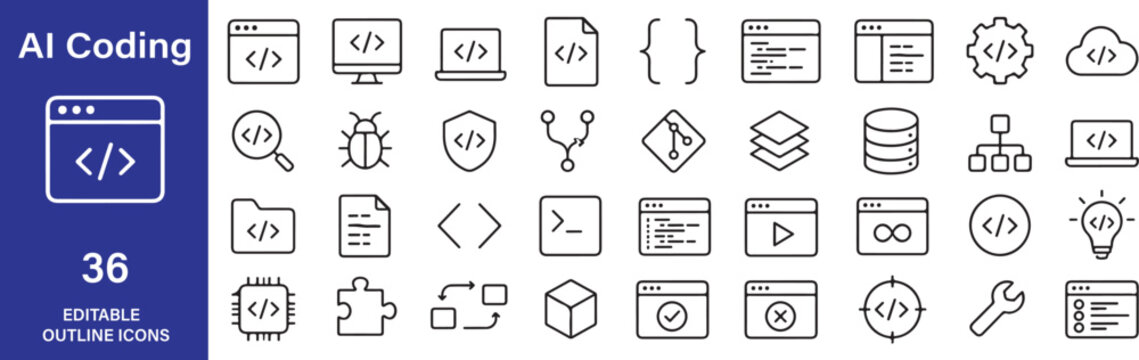 Coding Vector Outline Icon Set &ndash; coding, code, programmer, programming, developer, development, software, technology Editable Black Line Symbols for Web Applications