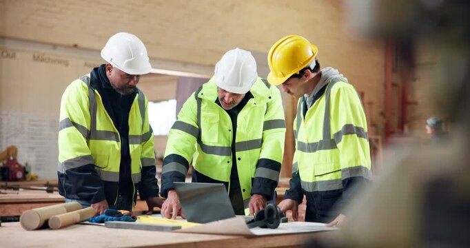 Civil engineer, blueprint and men with laptop in building, talk or renovation progress report on web. Architect, collaboration and people with floor plan, discussion and construction update with tech