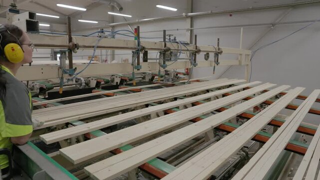 Fresh wooden boards travel across metal rollers and chain conveyors inside a lumber processing facility