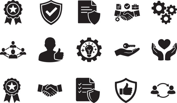 Trust solid vector icon set with reliability and security symbols. Editable EPS collection for business.