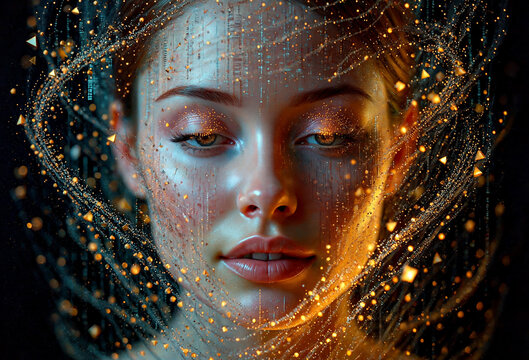 Close-up woman's face integrated with digital circuitry and data streams. Shimmering golden particles, light trails, and geometric fragments swirl around head in a striking consciousness visualization