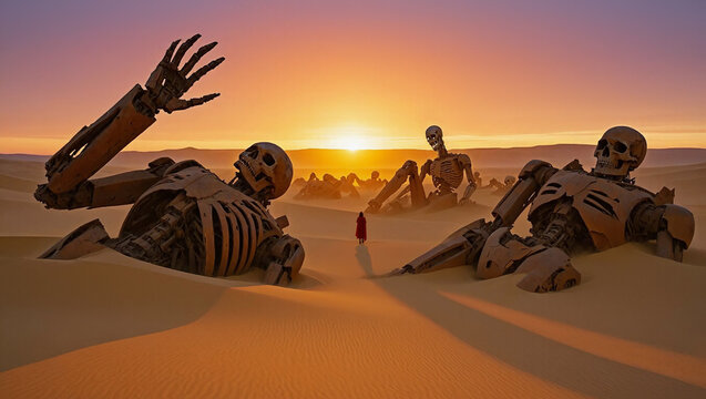 A lone person silhouette walks through a vast desert graveyard of colossal, rusted skeletal mechs buried in the sand dunes at sunset. The eerie post-apocalyptic atmosphere of a forgotten war