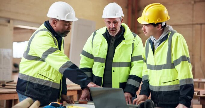Civil engineer, documents and men with laptop in building, talk or renovation progress report on web. Architect, teamwork and people with blueprint, pointing and planning for construction with tech