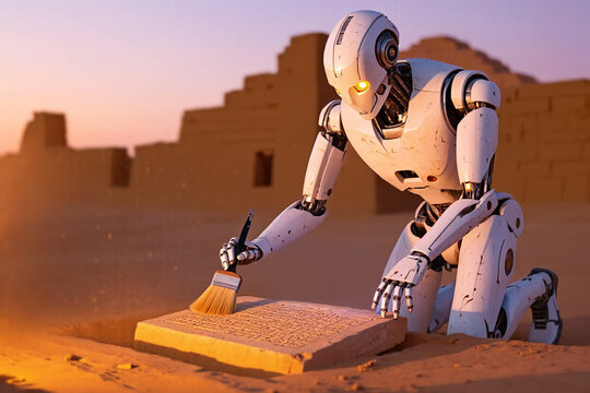 Robot uses a brush to carefully clean a dusty, ancient stone tablet engraved with hieroglyphs in a desert sand. Future artificial intelligence preserves, studies, and uncovers the history of humanity