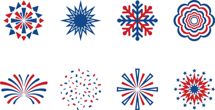 Set of patriotic fireworks icons in red and blue white background and color black fireworks patriotic celebration independence explosion white background and color black