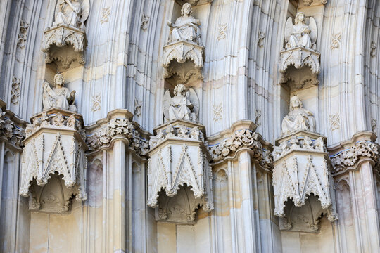 Detail of the Gothic entrance portal of Barcelona Cathedral, Spain        