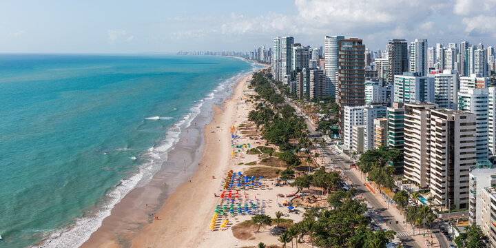 Panoramic aerial view of Boa Viagem beach and the city skyline, Recife, Pernambuco, Brazil