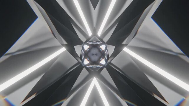 Symmetrical quartz crystal facets reflecting white neon light in a geometric pattern
