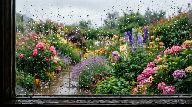 Raindrops on window pane overlooking a vibrant blooming garden in springtime