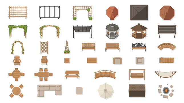 Garden furniture and landscape elements set, outdoor patio furniture collection in top view, wooden pergola and gazebo vector icons
