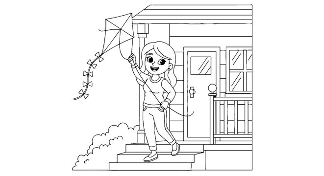 Cartoon boy flying kite on front steps of house.