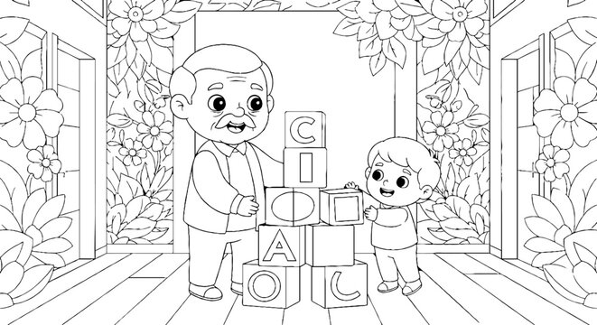 Two children playing with alphabet blocks indoors.
