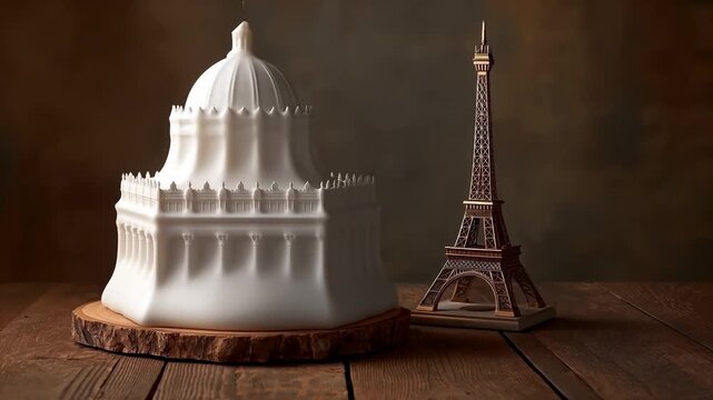 Cheese sculpture gradually transforms from a detailed architectural model to a smooth, minimalist design, showcasing the Eiffel Tower and a dome structure on a wooden board
