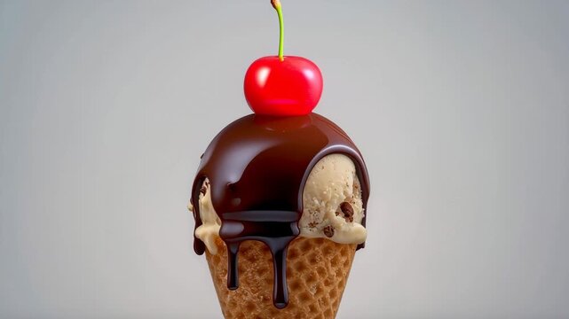 Ice cream cone with chocolate syrup and cherry topping, featuring a cockroach on the scoop, followed by a cherry added to the dessert in a clean, neutral background
