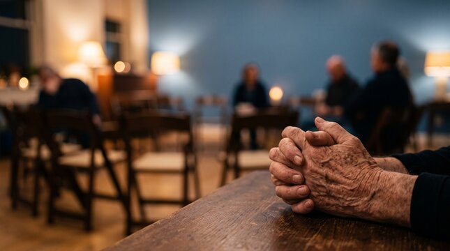 Senior man's hands clasped on table with blurred group meeting