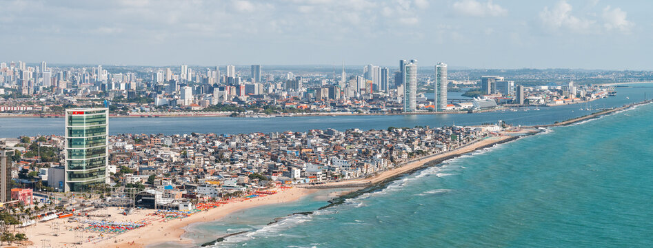 Panoramic aerial view of the coastline and city skyline, Recife, Pernambuco, Brazil