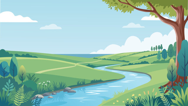 Beautiful spring landscape vector with a winding river, green rolling hills, big tree, and lush vegetation under a bright blue sky